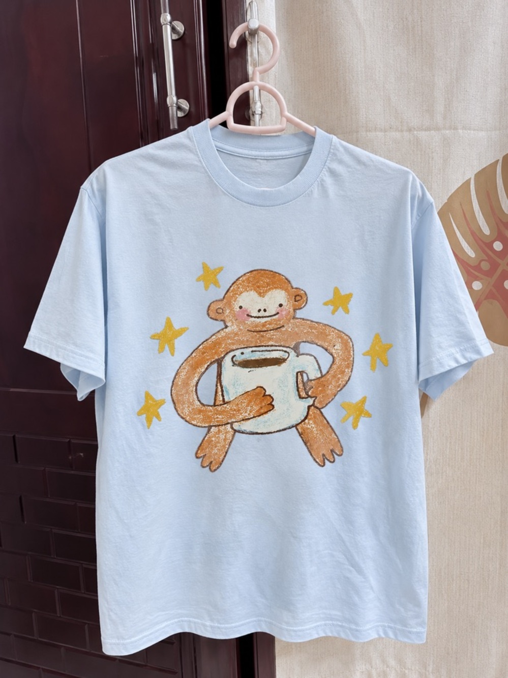 Cute Monkey & Stars Whimsical Graphic Light Blue Tee